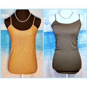 Lot Set of 2 GOLD and BROWN Woman's CAMI Top CAMISOLE Soft Shell Layer Shirt MED